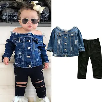 1-6 Y Fashion Kids Girls Baby Clothes Off Shoulder Denim Jacket Tops Hole Pants Outfits Jesienne Zestawy Ubrań