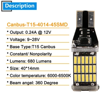 100pcs T15 Canbus LED 912 W16W 45 SMD 4014 LED Auto dodatkowa lampa cofania samochodu tworzenie kopii zapasowych DRL światła biały DC 12V nie ma błędu