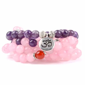 108шт mała joga bransoletki kamień naturalny różowy kwarc ametysty ohm Budda Uroku bransoletki dla kobiet, mężczyźni biżuteria Dropshipping