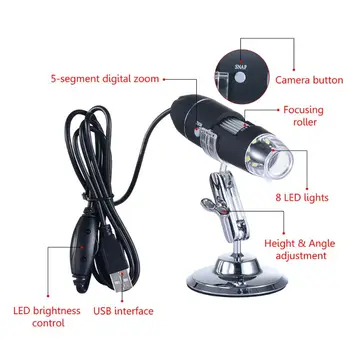 1600X Cyfrowy mikroskop USB kamera endoskopu 8LED lupa z metalową podstawą