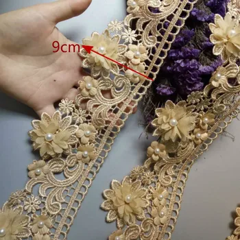 2 stoczni złota 9 cm perły 3D kwiat kutas koronki wykończenia taśmy tkaniny haftowane aplikacja ubrania rzemiosło suknia ślubna odzież nowy gorący