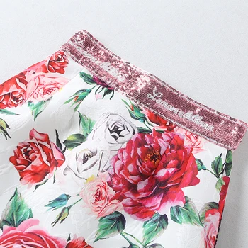 2018 jesień nowa dostawa Europa styl damskie zestawy O-neck pełna rękaw cekiny i kwiatowy print elegancki różowy garnitur print