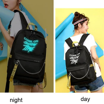 2019 Luminous USB Charge Women Backpack Fashion Print Letters School Bag Teenage Girls Ribbons Backpack Mochila Sac A Dos