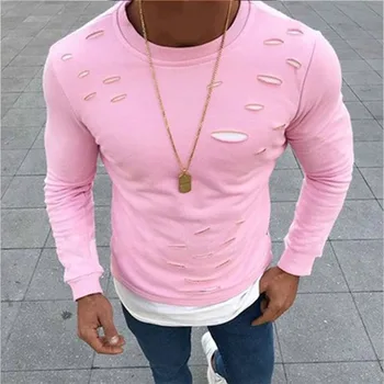 2019 New Men ' s High Street Ripped T shirt Long Sleeve Fake Two Pieces Male Autumn t shirt Tops S-3XL