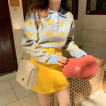 2019 Zima 2 Szt Spódnica Kostiumy Zestawy Kobiet Kwiat Sweter+ Mini Pasem Spódnica Stroje Casual Moda Koreański Słodkie Kawaii 2 Szt. Zestawów