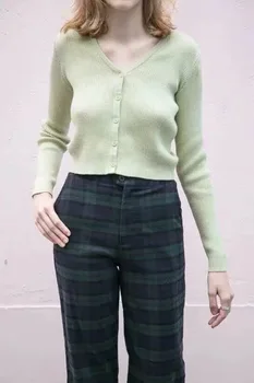 2019 kobiety drutach jednorzędowe guziki sweter Vintage odkryty pępek krótki dzianiny z długim rękawem sweter topy sexy