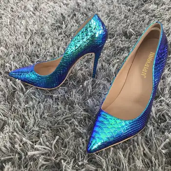 2019 marka moda Damska obuwie niebieski wąż drukowane buty Damskie seksowne szpilki na obcasie 12 cm/10 cm/8 cm ostrym nosem kobiet pompy