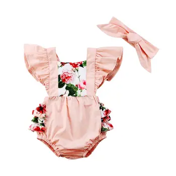 2019 nowy letni dzieci noworodka suwaki dziewczynek kwiat kombinezon różowy suwaki body+ opaska stroje Sunsuit drop ship