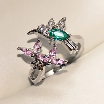 2019 nowy, luksusowy połysk zielony kamień Cublic Cyrkon ładny Kolibry i różowy kwiat pierścień ptak kształcie pierścienia dla kobiet hiperbola biżuteria