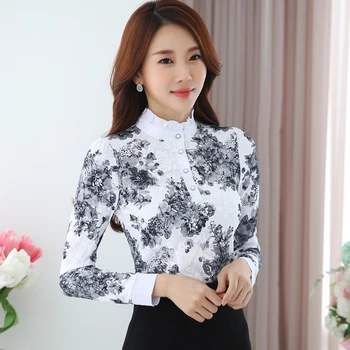 2019 wiosna nowa moda elegancki koreański szyfonowa koszula z długim rękawem, nadruk koronkowa bluzka cienka odzież damska top 883A 25