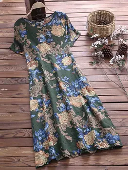 2020 M-5XL A-line retro kwiat suknia plus size z krótkim rękawem i okrągłym sukienki duże rozmiary wolny print boho sukienka letnia