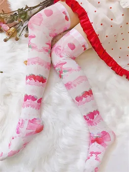 2020 New Women Over The Knee Stockings Printed Japanese Polyester Stocking For girl Sexy Pink Thin Stocking 5S-SW14