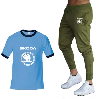 2020 Nowa moda letnie męskie koszulki Skoda Car Logo Print casual wysokiej jakości bawełniana męska koszulka+spodenki komplet 2 szt.