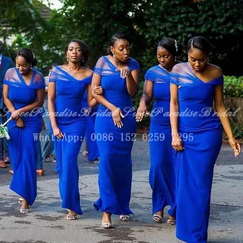 2020 Royal Blue Sheer Off Shoulder Bridesmaid Dresses Syrena Długie Afrykańskie Kobiety Długość Do Kostek Suknia Ślubna Vestidos