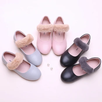 2020 Toddler Girls Princess Ballerina Flats Little Kid Leather Faux Fur Strap Mary Jane Big Children School Dress Shoes