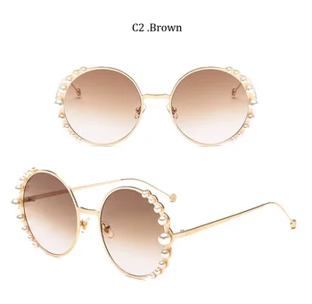 2020 koraliki okrągłe okulary damskie moda stop ramka marki perły projektant okulary dla kobiet brązowe odcienie UV400 nowy