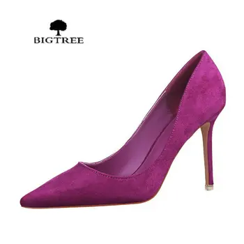 2020 nowe damskie czółenka klasyczne buty na wysokim obcasie modne zamszowe Flock purpurowe sexy cienkie, spiczaste OL biurowe pojedyncze buty na obcasie