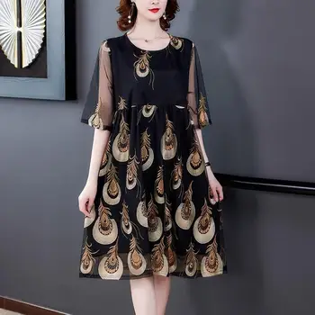 2020 nowy letni średni Aaged kobiety matka moda midi sukienka damska haft przyczynowo plus rozmiar 4xl sukienki Vestitos W189