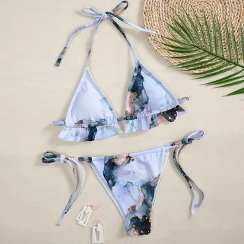 2020 nowy wyłożona kafelkami print Potargane bikini kobiety strój kąpielowy damski strój kąpielowy dwie części bikini zestaw Kantar kąpiącego wiersz kostium kąpielowy pływać