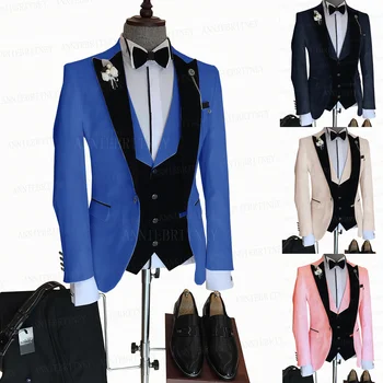 2021 Nowy Projekt Królewski Niebieski Garnitur 3 Szt. Slim Fit Niestandardowe Formalne Mężczyźni Ślubny Bal Kostium Marynarka Kamizelka Spodnie Kolacja Sukienka Smoking