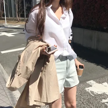 2021 Wiosna Korea style kobiety stałe skręcić w dół kołnierz biała koszula rękaw nietoperz przycisk w górę długa bluzka Feminina temat Blusa nowy