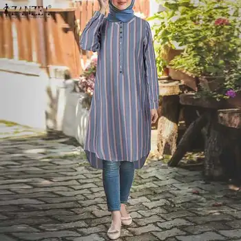 2021 ZANZEA jesień z długim rękawem w paski bluzka kobiety muzułmański Dubaj Abaya długa tunika koszula baggy casual top kaftan Blusas plus size