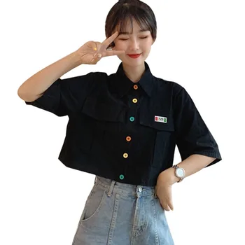 2021 damska koszula Harajuku z krótkim rękawem Polo kołnierz codzienne bawełna schludny top dziewczyny moda list Haft Blusas Femininas