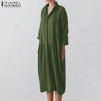 2021 jesień elegancka sukienka koszula ZANZEA codzienne stałe bawełnianej lniany sukienkę dla kobiet płaszcz z długim rękawem Vestidos damski szlafrok rozmiar plus