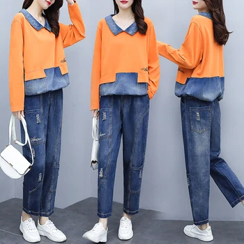 2021 wiosenna damska moda plus size patchwork jeansowe bezrękawniki+podarte jeansy kostiumy damskie rocznika duże rozmiary zestawy z dwóch części