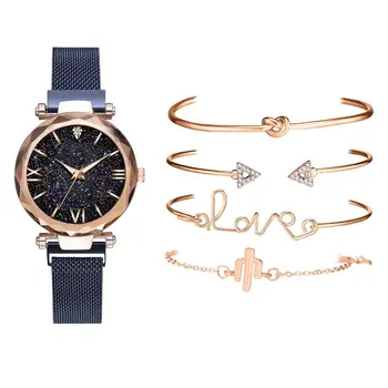 5 szt. Komplet luksusowej marki różowe złoto gwiaździste niebo dial zegarek kobiet panie Kryształ bransoletka zegarek Kwarcowy Relogio Feminino