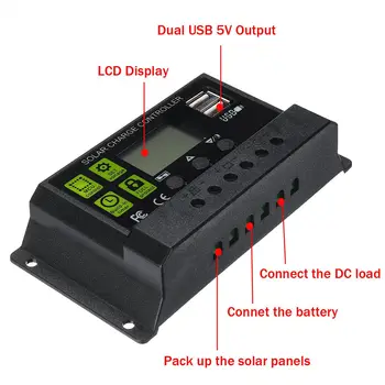 50W Solar Panel Solar Charge Controller 2 USB Power Bank Board 12V/24V Auto LCD Display PWM Solar Panel Regulator