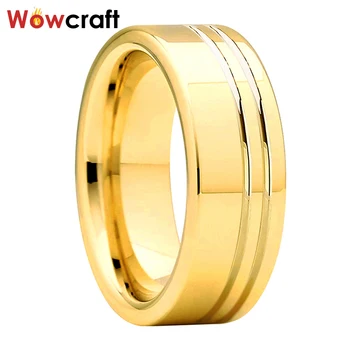 8 mm Złoty pierścień z węglika wolframu obrączki polerowane błyszczące podwójna ryflowana comfort Fit