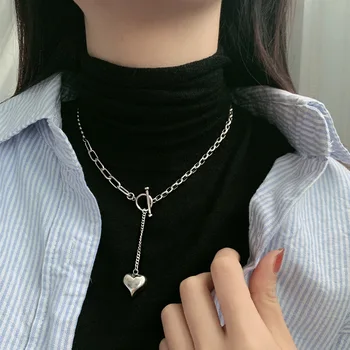 925 srebro wisiorek serce asymetria naszyjniki nieregularne grube szerokie koraliki ogniwo łańcucha naszyjnik biżuteria dla kobiet prezenty partii