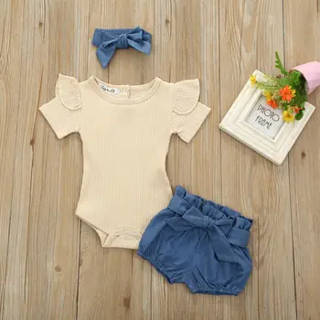 AA 2020 Toddler Baby Girl Sunsuit bluzki z dzianiny suwaki body + spodnie + opaska na głowę zestaw garnitur
