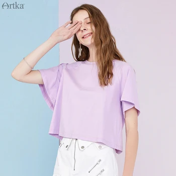 ARTKA 2020 Summer New Women T-shirt Fashion Solid Color Casual T-shirt Back Sashes Design O-neck z długim rękawem t-shirt TA25302X