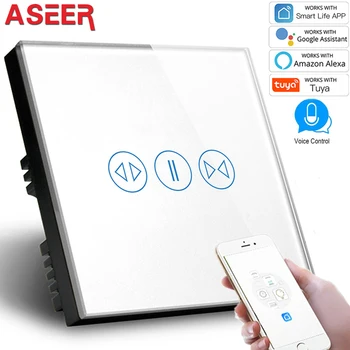 ASEER UK Standard WIFI Smart Curtains Switch Alexa,AC110~240V,Crystal Glass Panel Alexa Voice Control Smart WIFI Switch