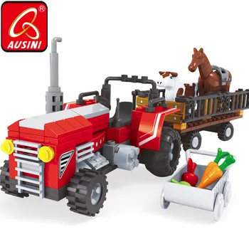 AUSINI Farm Trucks Car Toys for Children Building Blocks Trailer with Cow Horse Bricks Mini Farmer Figure Creator Toy Boys Game