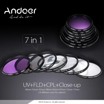 Andoer 55mm Lens Filter Kit UV + CPL + FLD + zbliżenie(+1+2+4+10) zestaw filtrów z torbą do przenoszenia uchwyt osłony obiektywu szmatka do czyszczenia kaptura