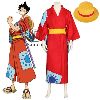 Anime One Piece Cosplay Monkey D Luffy Wano Country Arc Cosplay Kostium Kapelusz Kimono Yukata Strój Indywidualne Kostiumy Na Halloween