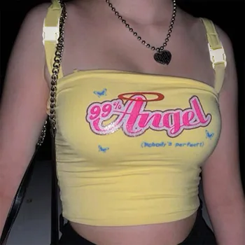 ArtSu Angel Letter Yellow Crop Top Sexy Cute Summer Underwear Women Tank Top Off Shoulder Cami Tops kamizelka meble ubrania ASVE21081