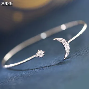 Autentyczne prawdziwe czyste stałe srebro próby 925 bransoletki dla kobiet biżuteria Złota Gwiazda Księżyc mankiet bransoletka Bransoletka bransoletka ręcznie