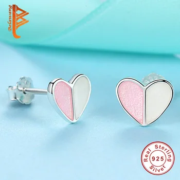 BELAWANG 925 srebro kolczyki pręta słodka miłość Serce kolczyki dla kobiet biżuteria różowa emalia małe kolczyki prezent