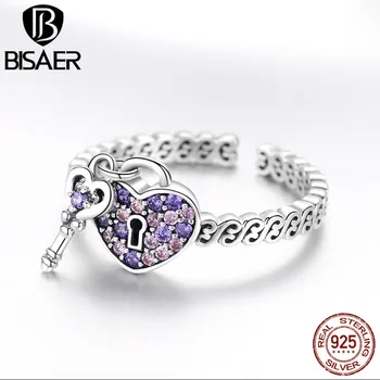 BISAER Love Key Ring srebro próby 925 fioletowy CZ Love Heart Key regulowane pierścienie na palce dla kobiet dekoracje ślubne Anel ECR486