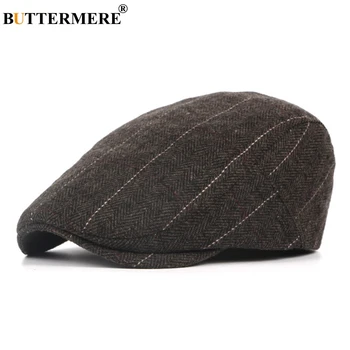 BUTTERMERE mieszane wełna płaskie czapka dla mężczyzn paski bierze kapelusz męski tweed jodełkę szary klasyczny brytyjski taksówkarz Dziobak czapka i kapelusz