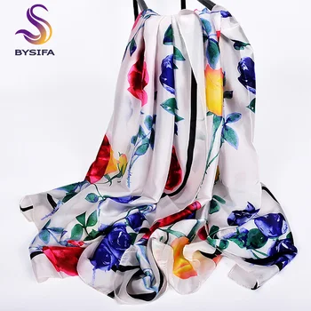 [BYSIFA] panie Wiosna jedwabny szalik marki mody kobiece chusty lato róża plaża Szal osłony Foulard Femme Biały 180*90 cm