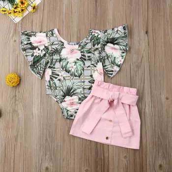Baby Girl Kids Summer Toddler Outfits Clothes Ruffle Romper kwiatowe bluzki+spodnie 2 szt. Komplet bawełniany strój odzież