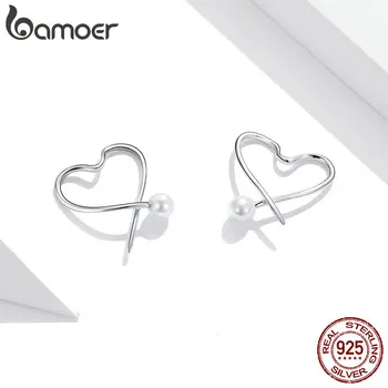 Bamoer 925 srebro Shell Pearl Heart Ear Hoops kolczyki dla kobiet minimalistyczny prosty, delikatny, elegancki ślub SCE964