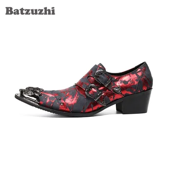 Batzuzhi luksusowe męskie skórzane buty ręcznie z ostrym metalowym czubkiem formalne skórzane buty z klamrami 6,5 cm na wysokich obcasach Zapatos Hombr