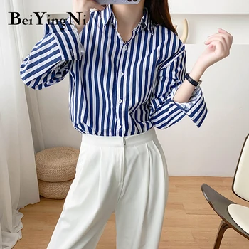 Beiyingni Stripe bluzki damskie temat oversize z długim rękawem Harajuku OL koszule damskie bluzki 2020 modne eleganckie Blusas Mujer odzież wierzchnia