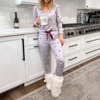 Boże Narodzenie Kreskówka Drukowania Kobiety Domowe Ubranie Piżamy Zestaw Elastyczny Pas Łuk Płaski Damska Piżama 2020 Jesień Casual Damskie Piżama